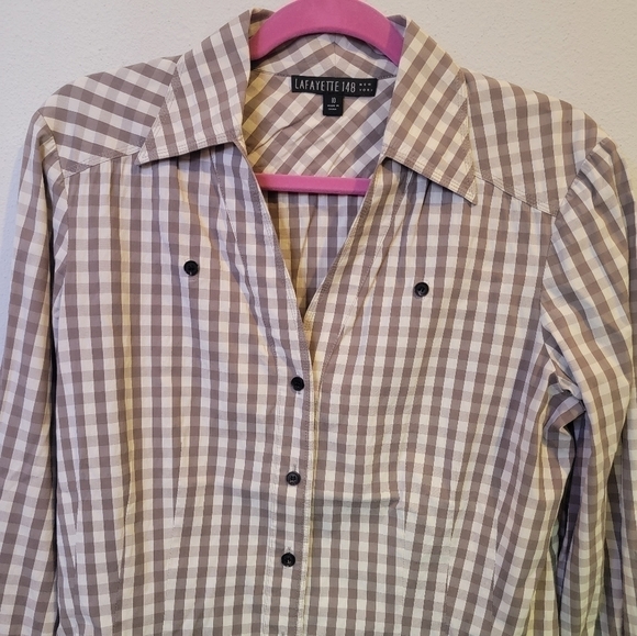 Lafayette 148 Taupe and Cream Plaid Gingham Button Down Blouse size 10 - Picture 8 of 9